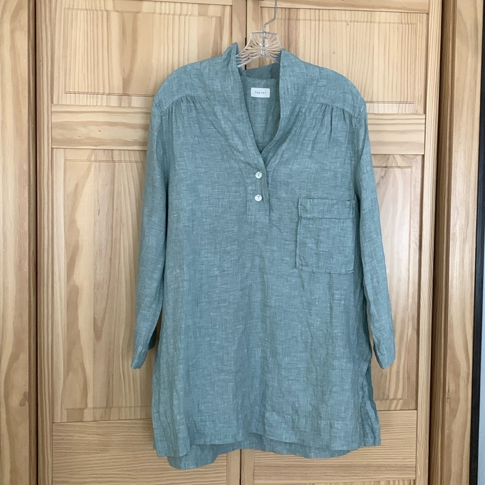 Poetry Green Oversized Tunic with 3/4 Sleeves and Mandarin Collar